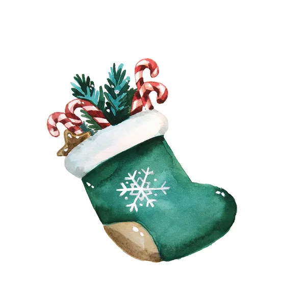 Weihnachtssocke Mit Geschenken Handgezeichnetes Aquarell Isoliert Auf Weiß — Stockfoto