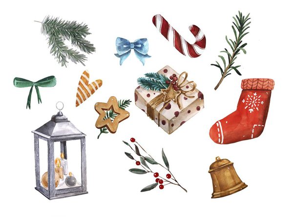 Parlak Suluboya Neşeli Noel Geleneksel Dekor Öğelerin Konumunu Ayarlayın Lamba — Stok fotoğraf