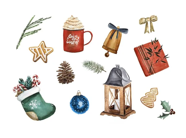 Akvarelu Veselé Vánoční Sada Tradiční Výzdobu Prvků Lampy Dekorace Soubory — Stock fotografie