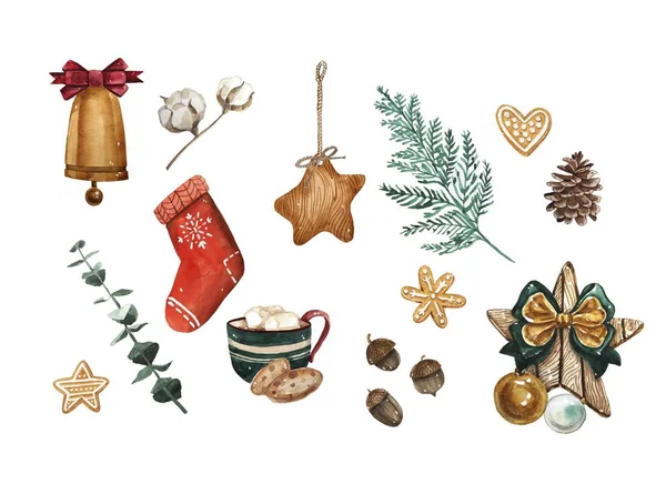 明るい水彩画メリー クリスマスは 伝統的な装飾と要素のセット ランプ クッキー ココア ギフト コーヒー お菓子 ランタンや植物 — ストック写真