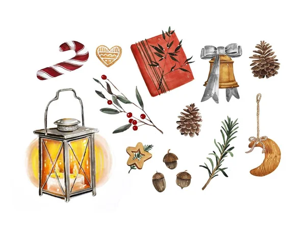 Parlak suluboya neşeli Noel geleneksel dekor ve öğelerin konumunu ayarlayın. Lamba, dekorasyon, tanımlama bilgileri, kakao, hediyeler, kahve, şeker, fener ve bitkiler. Beyaz zemin üzerinde bir Noel ruh unsurları.