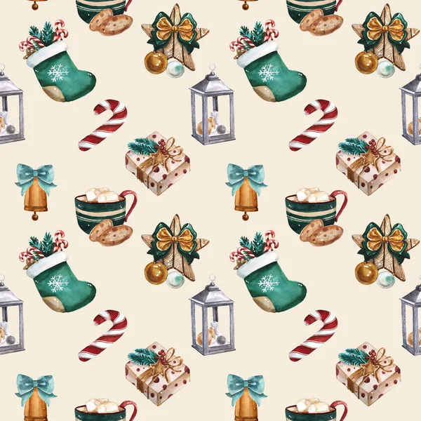 Christmas socks, gingerbread cookies, christmas tree branches, red berries, cinnamon, candy cane, orange Seamless pattern