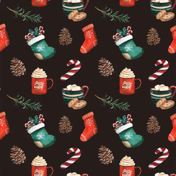Karácsonyi Zokni Mézeskalács Cookie Karácsonyfa Ágak Piros Bogyós Gyümölcsök Fahéj — Stock Fotó