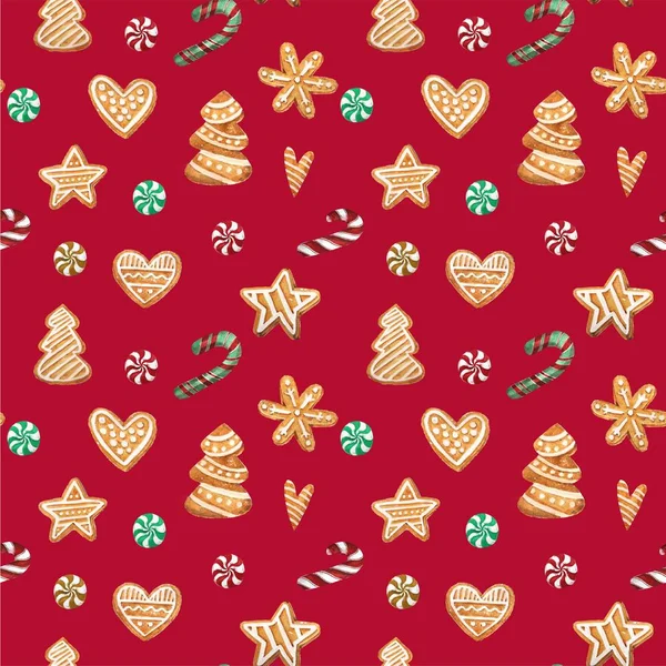 Peperkoek Kerstkoekjes Kerstboom Takken Candy Cane Naadloze Patroon — Stockfoto