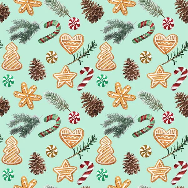 Christmas Gingerbread Cookies Christmas Tree Branches Candy Cane Seamless Pattern — Stock Photo, Image