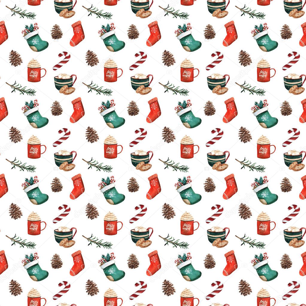 Christmas socks, gingerbread cookies, christmas tree branches, red berries, cinnamon, candy cane, orange Seamless pattern