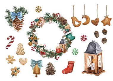 Parlak suluboya neşeli Noel geleneksel dekor ve öğelerin konumunu ayarlayın. Lamba, dekorasyon, kurabiye, kakao, hediyeler, kahve, şeker, fener ve bitkiler.