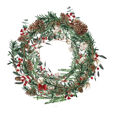 Çamın dalları ve kırmızı meyveler, pamuk ve çam kozalakları çelenk. Yuvarlak çerçeve Noel kartları ve kış tasarlamak için. Çizilmiş suluboya.