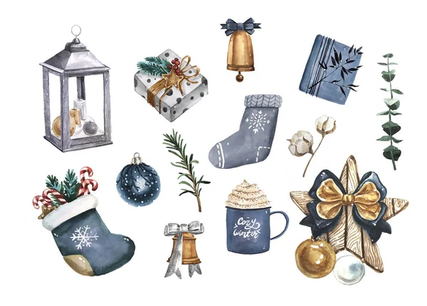 Akvarelu veselé vánoční sada tradiční výzdobu a prvků. Lampy, dekorace, soubory cookie, kakao, dárky, káva, bonbóny, Lucerna a rostliny. — Stock fotografie