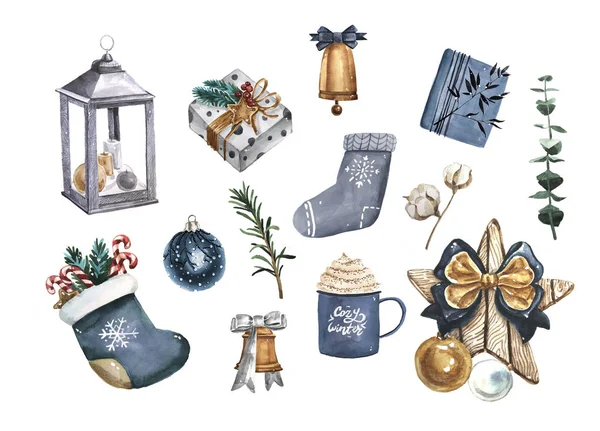 Parlak suluboya neşeli Noel geleneksel dekor ve öğelerin konumunu ayarlayın. Lamba, dekorasyon, kurabiye, kakao, hediyeler, kahve, şeker, fener ve bitkiler.