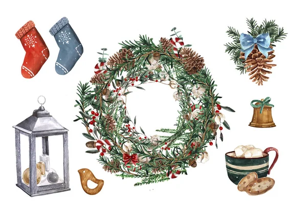明るい水彩画メリー クリスマスは、伝統的な装飾と要素のセット。ランプ、装飾、クッキー、ココア、ギフト、コーヒー、お菓子、ランタンや植物. — ストック写真