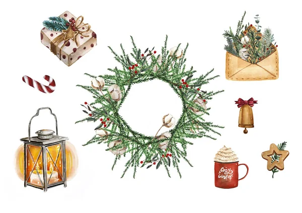 Ljusa akvarell Merry Christmas set med traditionell inredning och element. Lampa, dekoration, cookies, kakao, gåvor, kaffe, godis, lykta och växter. — Stockfoto