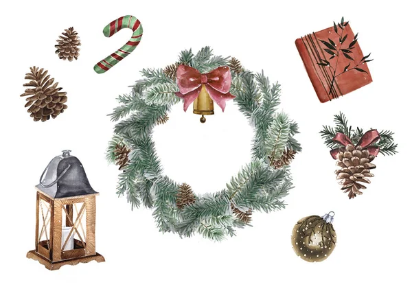 Akvarelu veselé vánoční sada tradiční výzdobu a prvků. Lampy, dekorace, soubory cookie, kakao, dárky, káva, bonbóny, Lucerna a rostliny. — Stock fotografie