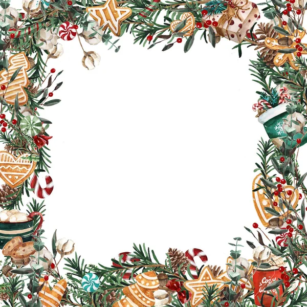 Moldura de Natal aquarela forma quadrada. Modelo de ramos de abeto, buxo, bagas vermelhas em um fundo branco . — Fotografia de Stock