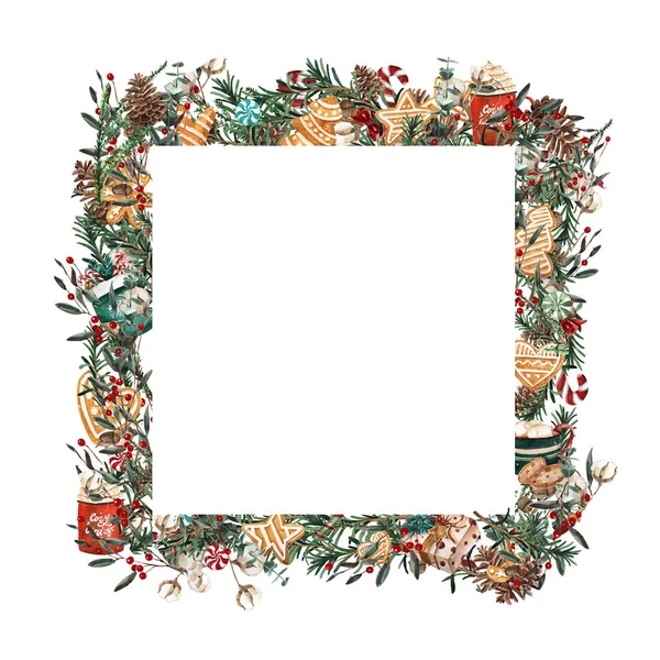 Aquarell Weihnachtsrahmen quadratische Form. Vorlage aus Tannenzweigen, Buchsbaum, roten Beeren auf weißem Hintergrund. — Stockfoto