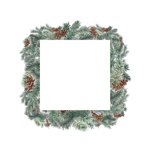 Moldura de Natal aquarela forma quadrada. Modelo de ramos de abeto, buxo, bagas vermelhas em um fundo branco . — Fotografia de Stock