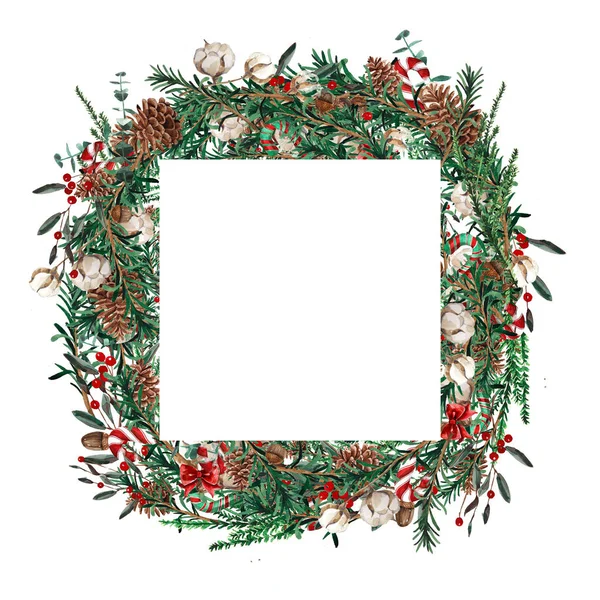 Aquarell Weihnachtsrahmen quadratische Form. Vorlage aus Tannenzweigen, Buchsbaum, roten Beeren auf weißem Hintergrund. — Stockfoto