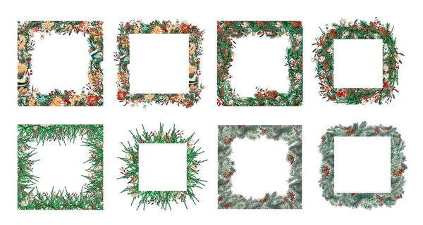 Cadre de Noël aquarelle forme carrée. Modèle de branches de sapin, buis, baies rouges sur fond blanc . — Photo