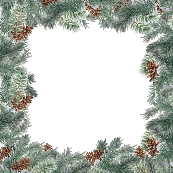 Watercolor Christmas frame square shape . Template of fir branches, boxwood, red berries on a white background. — Stock Photo, Image