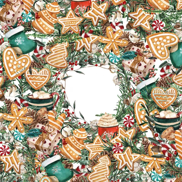 Ghirlanda di Natale acquerello con biscotti di pan di zenzero e rami. Illustrazione disegnata a mano. Buono per cartoline e decorazioni natalizie . — Foto Stock