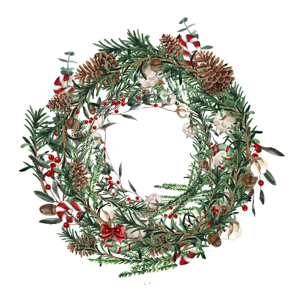 Couronne avec branches de pin et baies rouges, cônes de coton et de pin. Cadre rond pour cartes de Noël et illustration de design d'hiver. Aquarelle dessinée à la main . — Photo