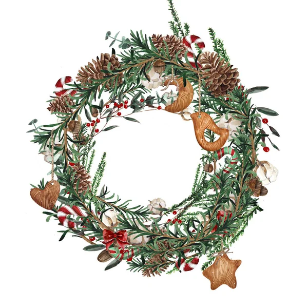 Wreath with pine branches and red berries, cotton and pine cones. Round frame for Christmas cards and winter design illustration. Hand-drawn watercolor.