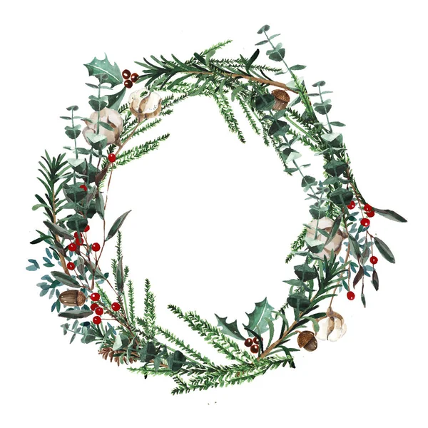 Kranz mit Tannenzweigen und roten Beeren, Baumwolle und Tannenzapfen. runder Rahmen für Weihnachtskarten und winterliche Illustrationen. Handgezeichnetes Aquarell. — Stockfoto