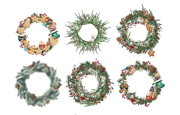 Krans med furukvister og røde bær, bomull og furukongler. Runde rammer for julekort og illustrasjon for vinterdesign. Håndtegnet akvarell . – stockfoto
