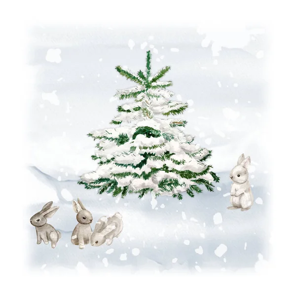 Акварель Рождественская Елка Кроликом Снегом Шаблон Праздничного Дизайна — стоковое фото