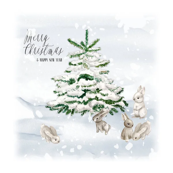 Акварель Рождественская Елка Кроликом Снегом Шаблон Праздничного Дизайна — стоковое фото