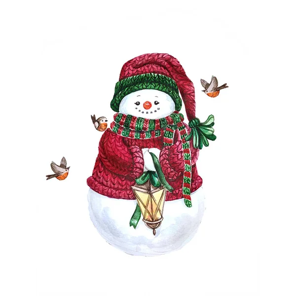 Akvarelu Sněhulák Lampou Holiday Dekorace Tisk Návrhu Šablony Handdrawn Karta — Stock fotografie