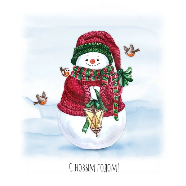 Watercolor Snowman Lantern Holiday Decoration Print Design Template — Stock Photo, Image