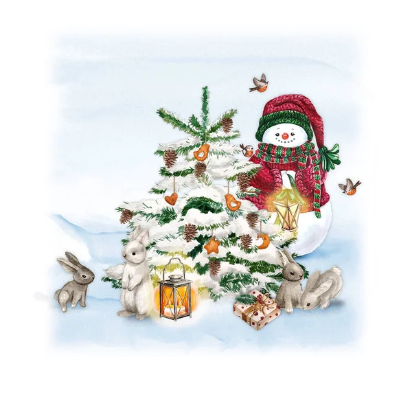 Acuarela Árbol de Navidad con muñeco de nieve, conejo, lámpara y regalo. Plantilla de diseño de impresión de decoración de vacaciones. Tarjeta dibujada a mano . — Foto de Stock