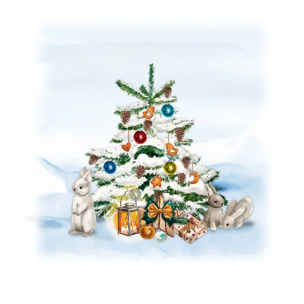 Albero di Natale ad acquerello con pupazzo di neve, coniglietto, lampada e regalo. Decorazione di festa Stampa Design Template. Carta disegnata a mano . — Foto Stock