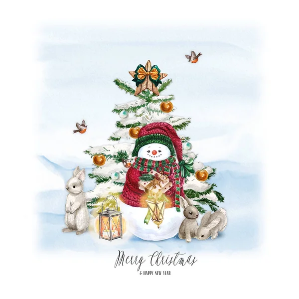 Akvarelu vánoční strom s sněhulák, bunny, lampa a dárek. Holiday dekorace tisk návrhu šablony. Handdrawn karta s textem - Veselé Vánoce a šťastný nový rok. — Stock fotografie
