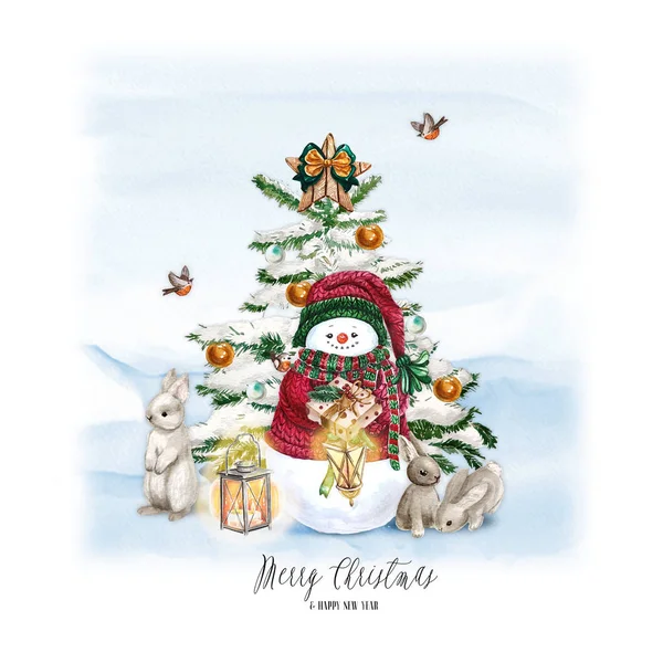 Acuarela Árbol de Navidad con muñeco de nieve, conejo, lámpara y regalo. Plantilla de diseño de impresión de decoración de vacaciones. Tarjeta dibujada a mano con texto - Feliz Navidad y feliz año nuevo . — Foto de Stock