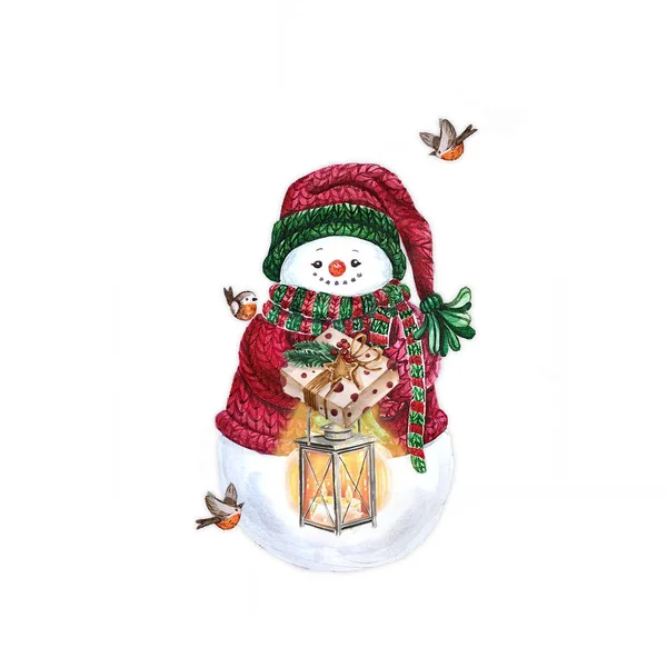 Acuarela muñeco de nieve con lámpara. Plantilla de diseño de impresión de decoración de vacaciones. Tarjeta de mano. Aislado sobre fondo blanco . — Foto de Stock