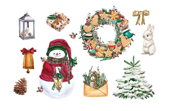 Akvarelu vánoční stromeček wirh bunny, lampa, sněhulák, věnec a dárek. Sada Holiday dekorace tisk návrhu šablony. Handdrawn karta. Izolované na bílém pozadí. — Stock fotografie