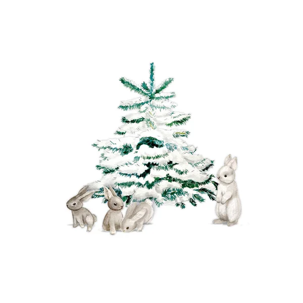 Aquarell-Weihnachtsbaum mit Hase und Schnee. minimalistisch elegante Urlaubsdesign-Vorlage. isoliert auf weißem Hintergrund. — Stockfoto