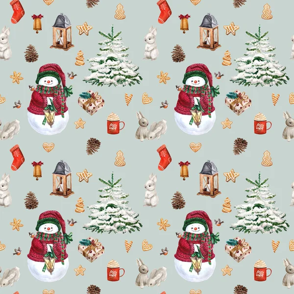 Chaussettes de Noël, biscuits au pain d'épice, branches d'arbre de Noël, bonhomme de neige, cannelle, canne à bonbons, lanterne. Modèle sans couture. Aquarelle fond dessiné à la main . — Photo