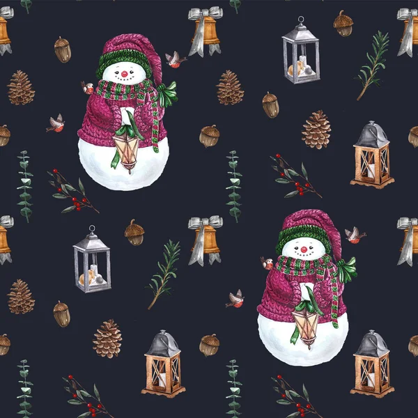 크리스마스 양말, 진저 쿠키, 크리스마스 트리 분기, 눈사람, 계 피, 사탕 지팡이, 랜 턴. 완벽 한 패턴입니다. 수채화 손으로 그린 배경. — 스톡 사진