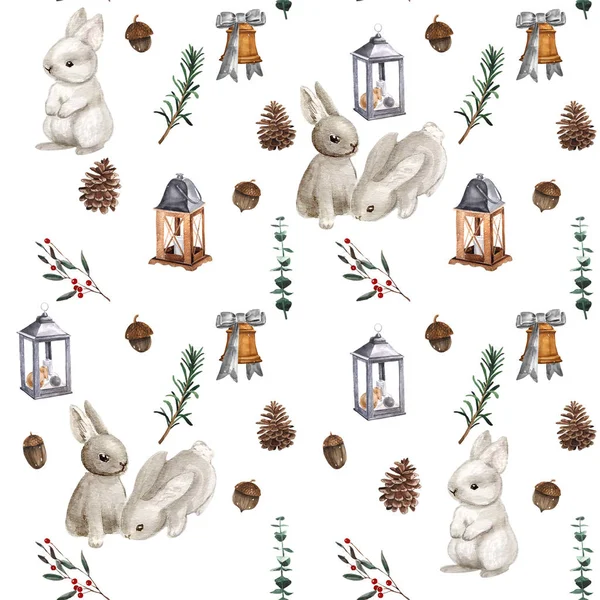 Christmas socks, gingerbread cookies, christmas tree branches,snowman, cinnamon, candy cane, lantern. Seamless pattern. Watercolor hand drawn background.