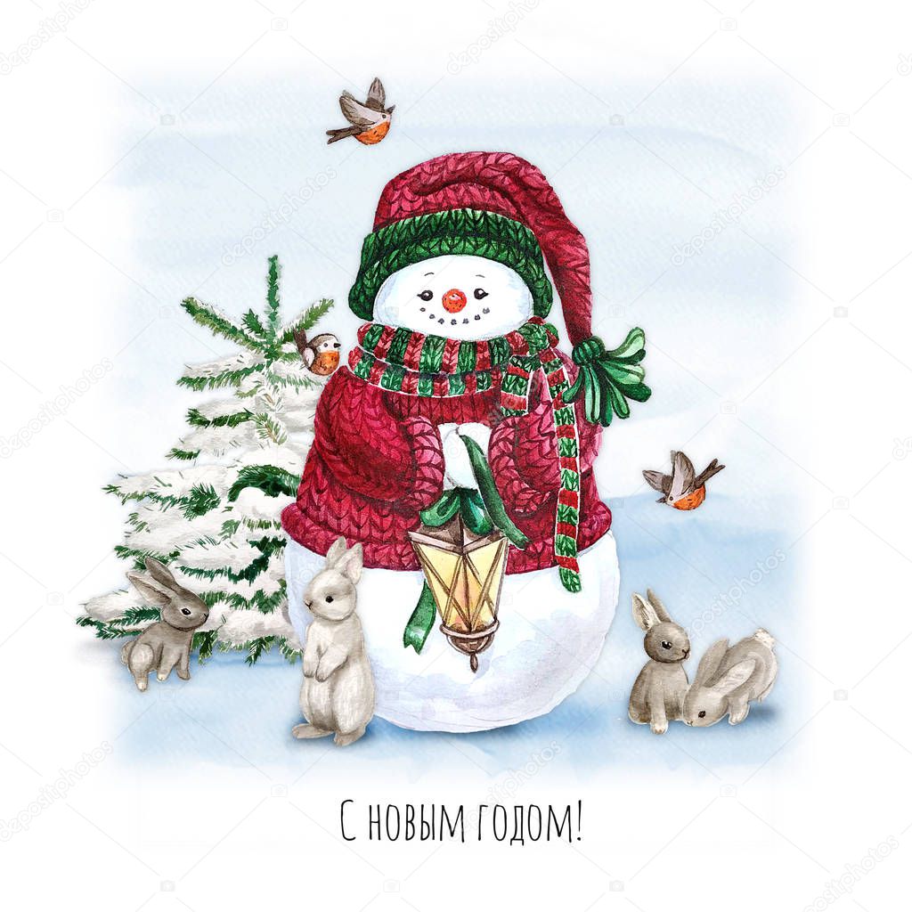 Watercolor Christmas Tree with snowman, bunny, lamp and gift. Holiday Decoration Print Design Template. Handdrawn card with text