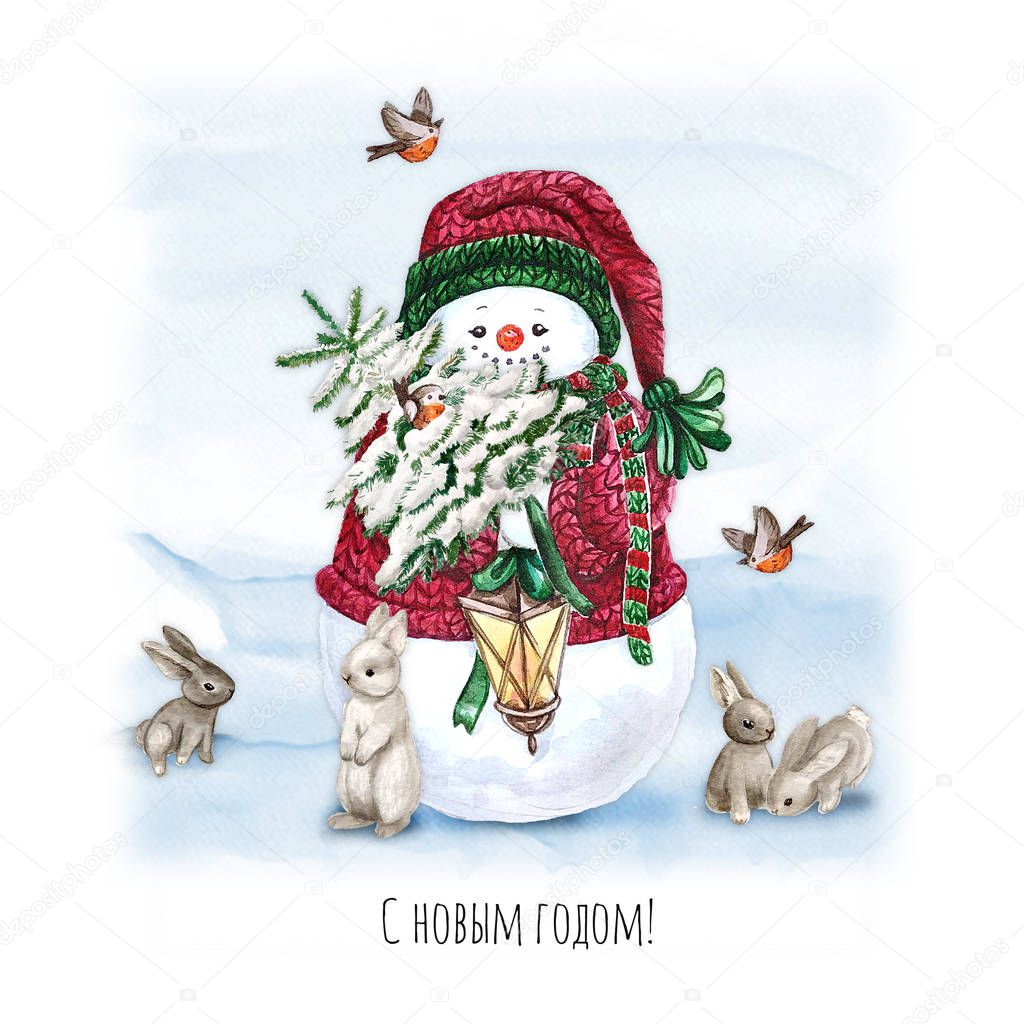 Watercolor Christmas Tree with snowman, bunny, lamp and gift. Holiday Decoration Print Design Template. Handdrawn card with text