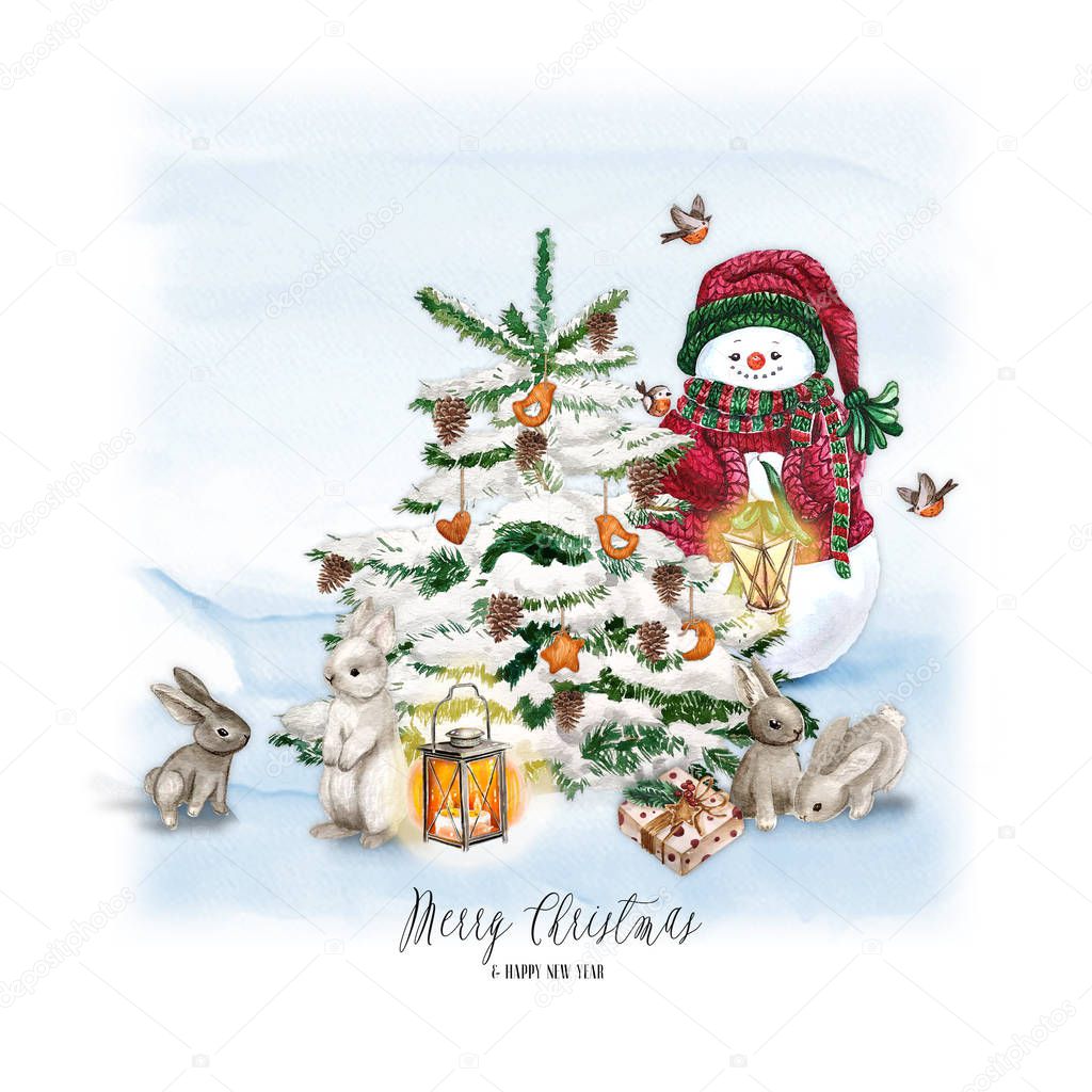 Watercolor Christmas Tree with snowman, bunny, lamp and gift. Holiday Decoration Print Design Template. Handdrawn card with text - Merry christmas and happy new year.