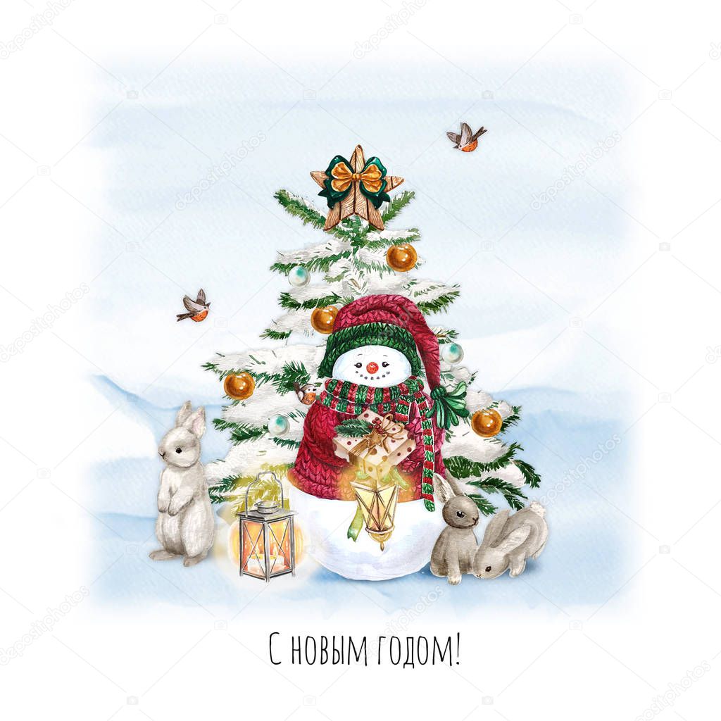 Watercolor Christmas Tree with snowman, bunny, lamp and gift. Holiday Decoration Print Design Template. Handdrawn card with text - Merry christmas and happy new year on russian language.