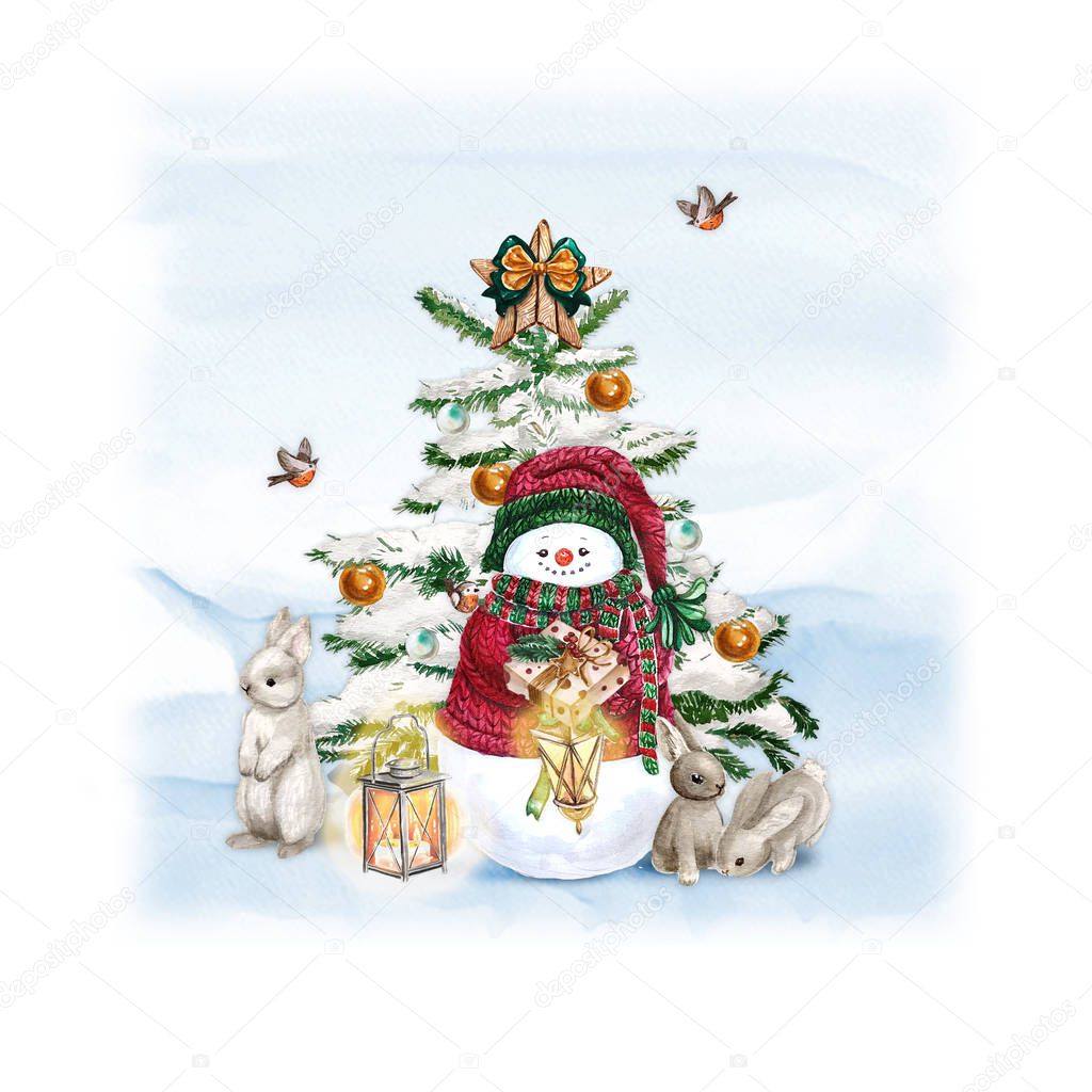 Watercolor Christmas Tree with snowman, bunny, lamp and gift. Holiday Decoration Print Design Template. Handdrawn card.