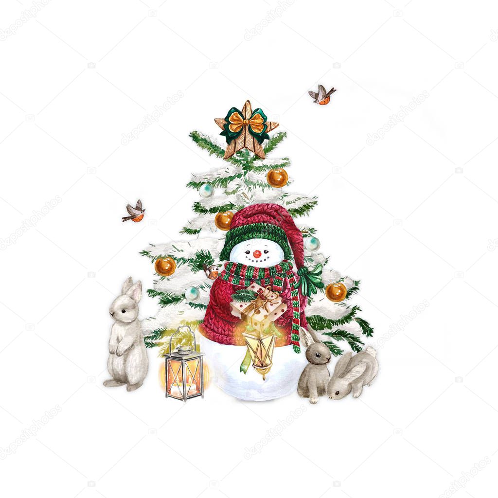 Watercolor snowman with lamp. Holiday Decoration Print Design Template. Handdrawn card. Isolated on white background.