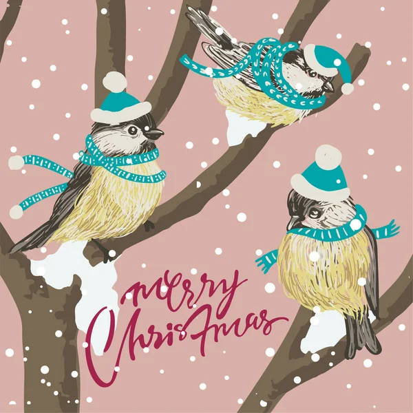 Mamas Alimentador Pássaros Árvore Inverno Sob Queda Neve Cartão Natal — Vetor de Stock