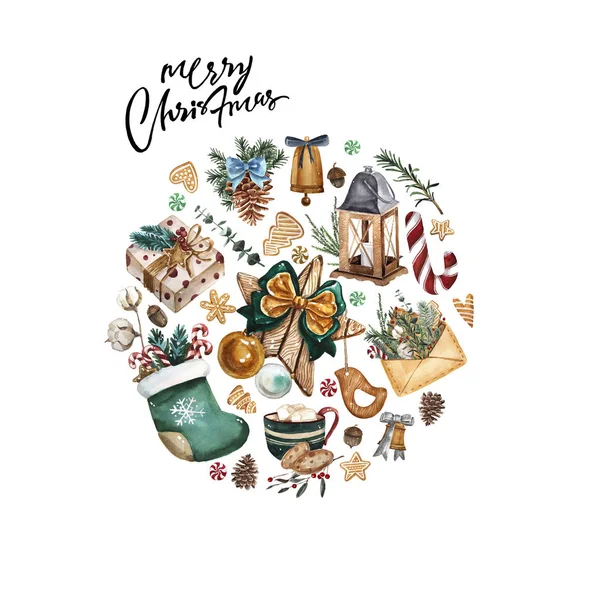 bir Noel ruh hali ve geleneksel dekor öğeleri ile suluboya neşeli Noel kartı. Yuvarlak handdrawn illüstrasyon yazı ile.